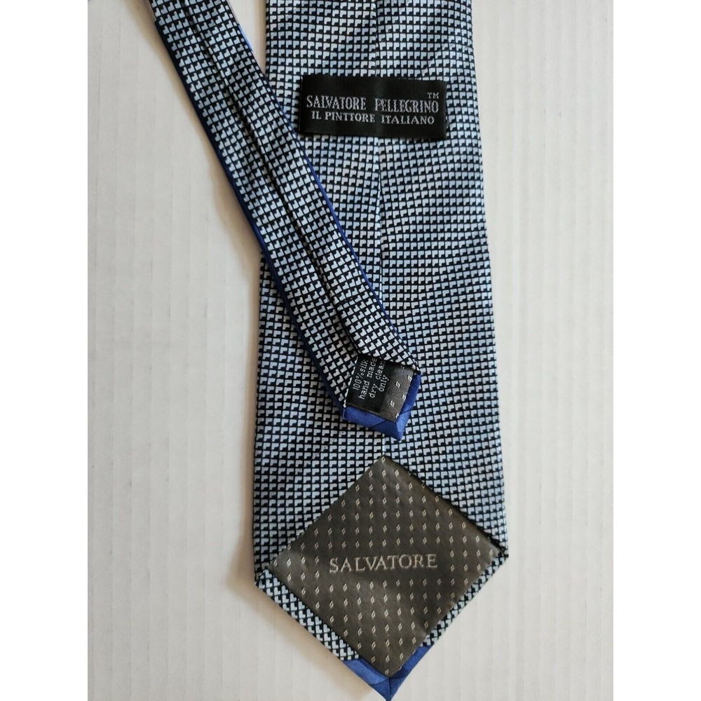 Salvatore Pellegrino Italy Mens Handmade Silk Tie Blue Gray Geometric Pattern - Picture 5 of 5